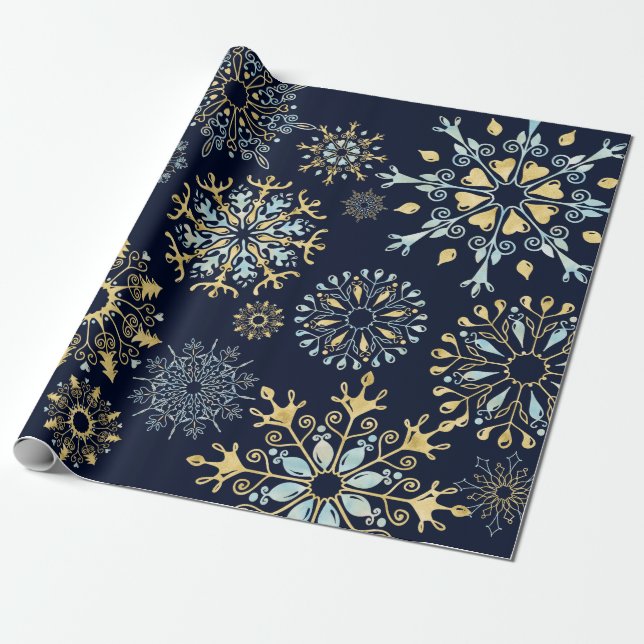 Modern Christmas Gold Blue Aquarell Snowflake Geschenkpapier (Ungerollt)