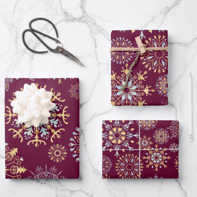 Modern Christmas Gold Blue Aquarell Snowflake W Geschenkpapier Set (Vorderseite)