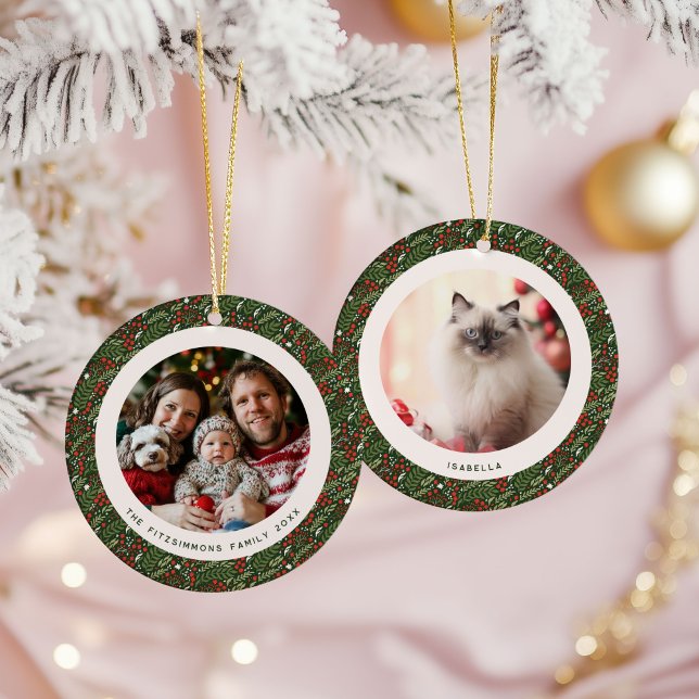 Modern Christmas Holly Foliage 2 Photos Keramik Ornament (Holly Leaf Christmas 2 photos ornament)