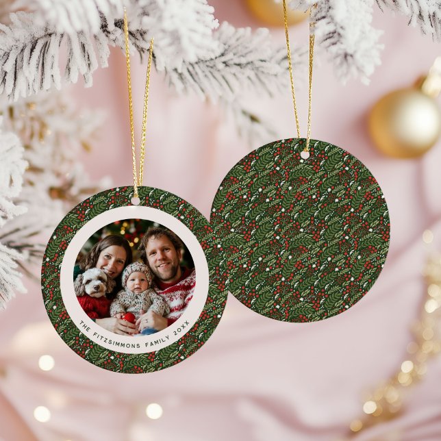 Modern Christmas Holly Foliage Family Photo Keramik Ornament (Holly Leaf Christmas one photo ornament)