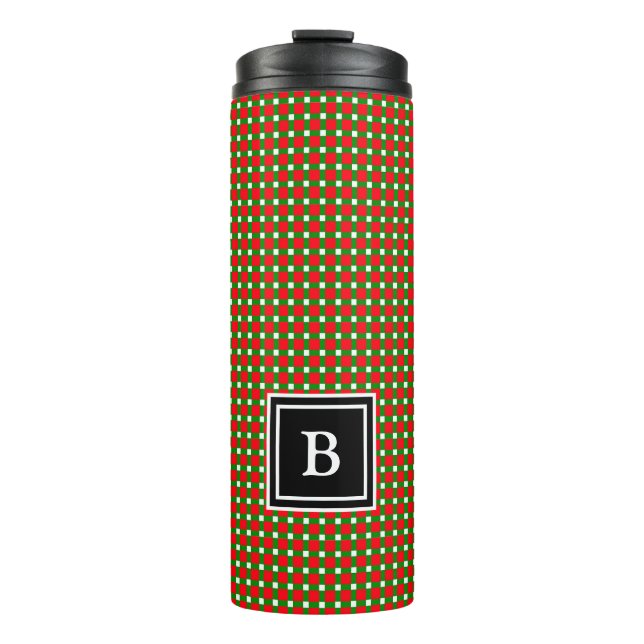 Modern Christmas Kariert Monogram Initial Red Gree Thermosbecher (Vorderseite)