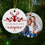 Modern Christmas Monogram Family Foto Keramik Ornament<br><div class="desc">Dieses moderne,  elegante Mongram Weihnachtsschmuck macht einen tollen Sake,  mit klassischen Hirschantlern und heiligen Blätter,  die den Namen auf der Vorderseite einrahmen,  und einer Fotovorlage auf der Rückseite.</div>