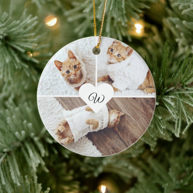 Modern Christmas Pet Monogram Three Foto Collage Keramik Ornament (Baum)