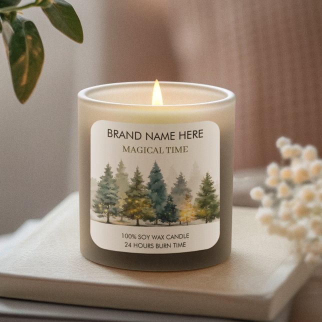 Modern Christmas Pine Trees Candle Label Quadratischer Aufkleber (Von Creator hochgeladen)