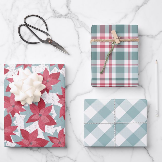 Modern Christmas Poinsettia Kariert Geschenkpapier Set (Vorderseite)