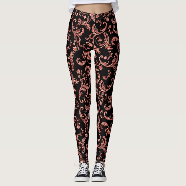 Modern Christmas Red and Black Damask Ladys Leggings (Vorderseite)