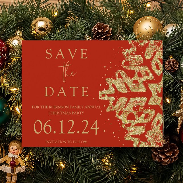 Modern Christmas Save the Date Gold Glitzern Red Ankündigungspostkarte (Modern Christmas Save The Date Gold Glitter Red Announcement Postcard)