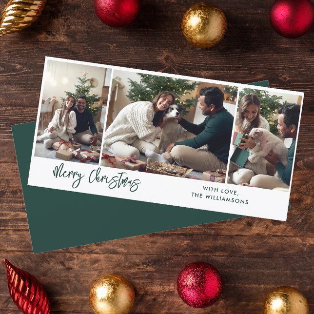 Modern Christmas Script 3 Foto Feiertagskarte (Christmas Photo Collage Family Greetings Card)