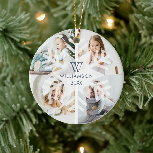 Modern Christmas Snowflake Monogram Four Foto Keramik Ornament (Baum)