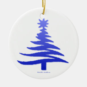 Modern Christmas Tree Stencil Print Blue Keramik Ornament