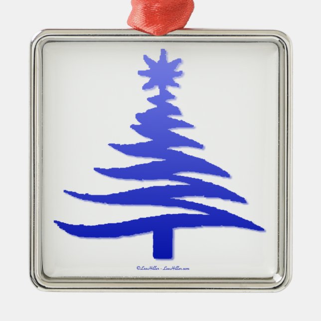 Modern Christmas Tree Stencil Print Blue Ornament Aus Metall (Vorne)
