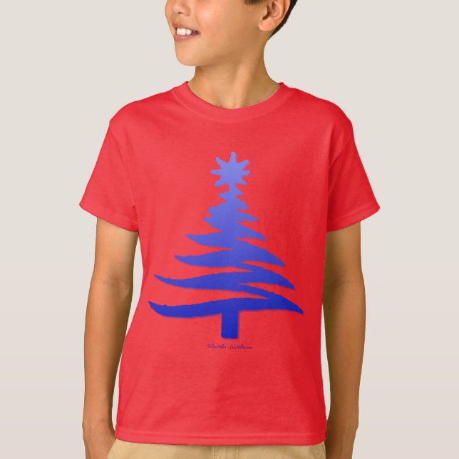 Modern Christmas Tree Stencil Print Blue T-Shirt (Vorderseite)