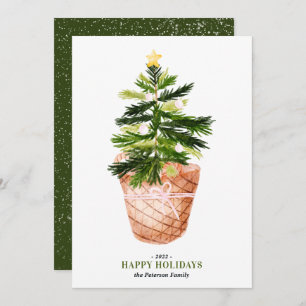 Modern Christmas tree watercolor bow illustration Karte