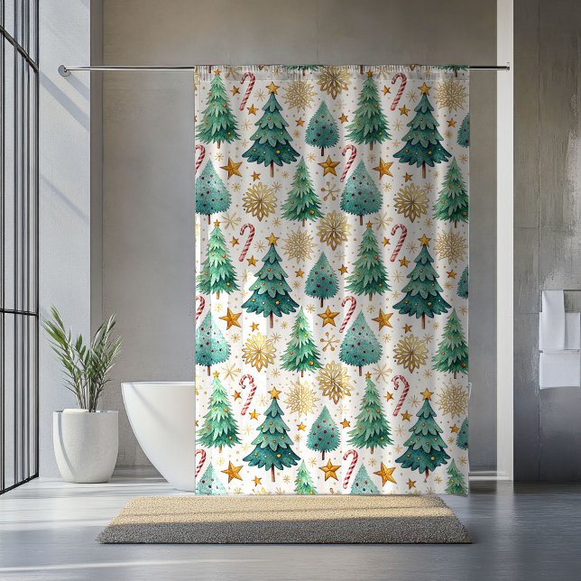 Modern Christmas Trees and Candy Canes Curtain Duschvorhang (Modern Christmas Trees and Candy Canes Curtain)