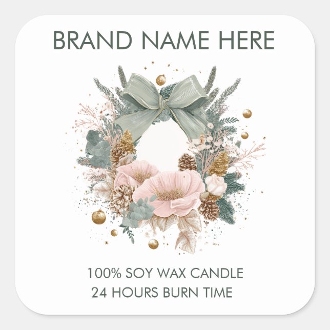 Modern Christmas Wreath | Candle Labels Quadratischer Aufkleber (Vorderseite)
