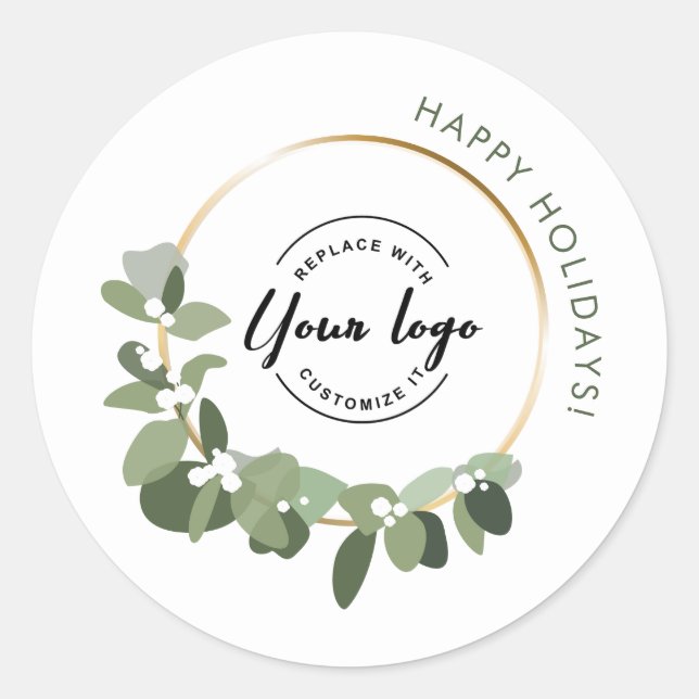 Modern Christmas Wreath Custom Logo Happy Holidays Runder Aufkleber (Vorderseite)
