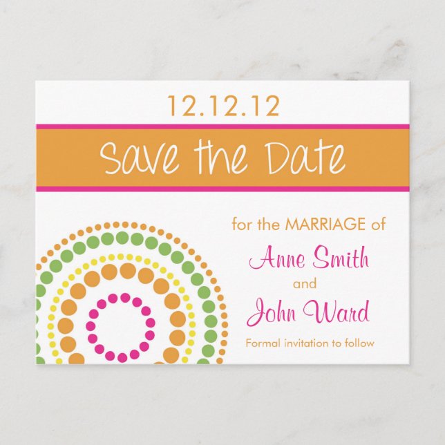 Modern Circles Save the Date - Rosa & Orange Ankündigungspostkarte (Vorderseite)