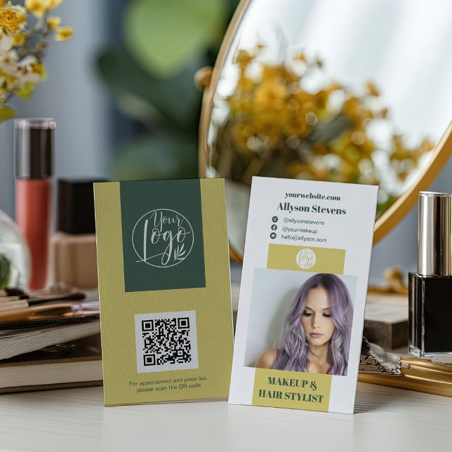 Modern Citrus Green Hair Stylist QR code Logo Visitenkarte (Modern Citrus Green Hair Stylist QR code Logo Business Card)
