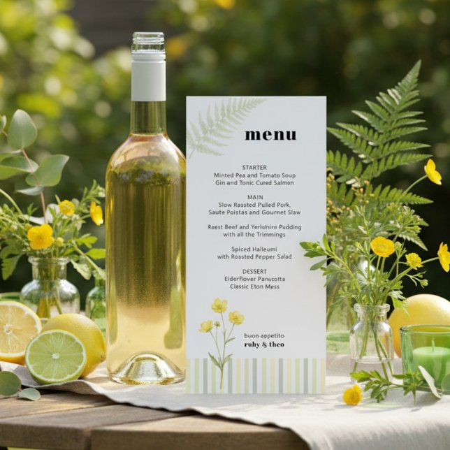 Modern Citrus Green Wildflower Stripe Wedding Menu Menükarte (Menu from the Citrus Green Wildflower wedding collection by Darling & May)