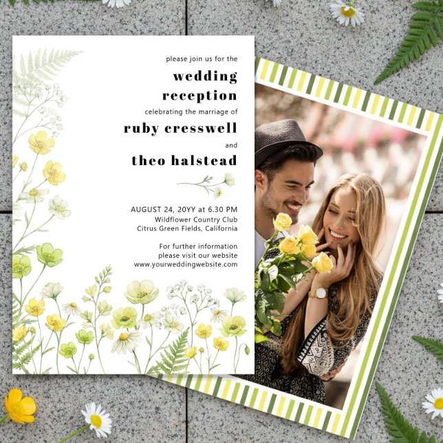 Modern Citrus Wildflower Stripe Photo Reception Einladung (Wedding Reception Only Invitation - from Citrus Green Wildflower wedding collection by Darling & May)