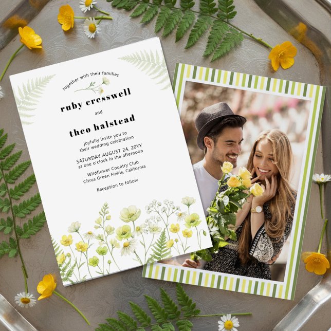 Modern Citrus Wildflower Stripe Photo Wedding Einladung (Wedding Invitation with engagement photo from Citrus Green Wildflower collection by Darling & May)