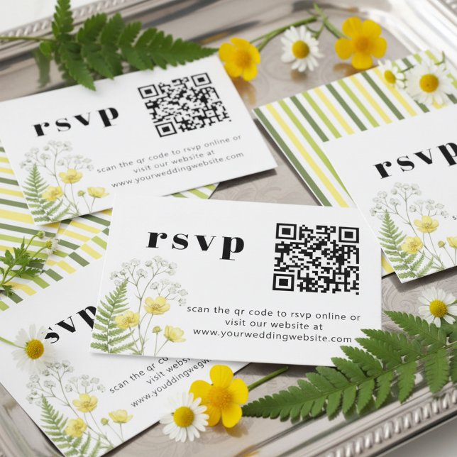 Modern Citrus Wildflower Stripe QR RSVP Begleitkarte (QR Code Online RSVP Cards - from Citrus Green Wildflower wedding collection by Darling & May)