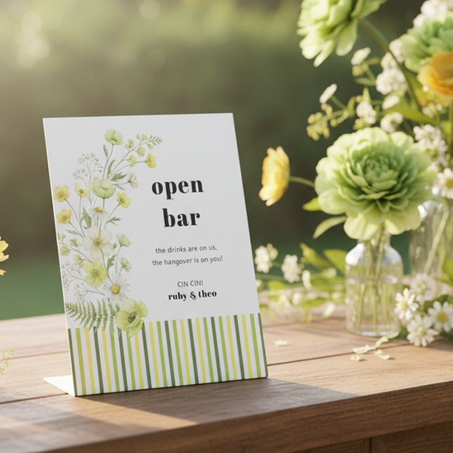 Modern Citrus Wildflower Stripe Wedding Open Bar Sockelschild (Open Bar sign from the Citrus Green Wildflower wedding collection by Darling & May)