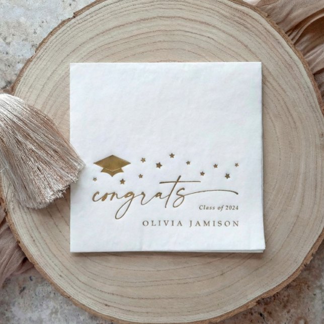 Modern Class of 2026 Congrats Graduation Party Servietten Mit Folie (Personalized gold foil graduation napkins with handwriting "congrats" stars and grad cap.)