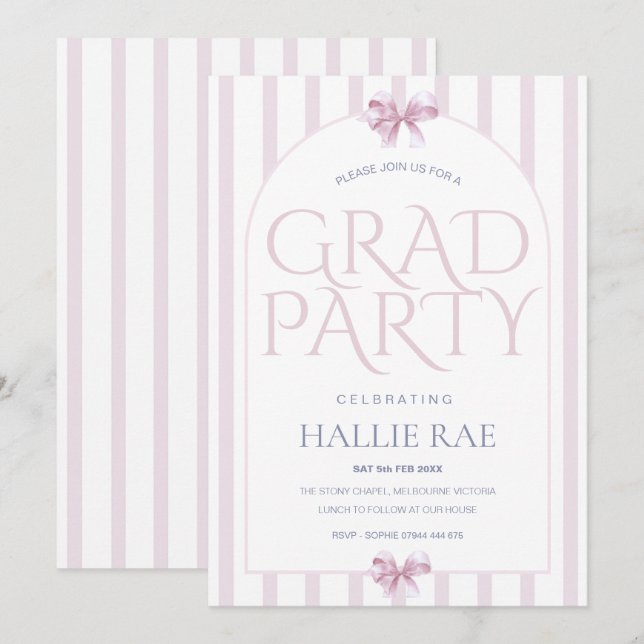 Modern Class of 2026 Pink Bow Graduation Party  Einladung (Vorne/Hinten)