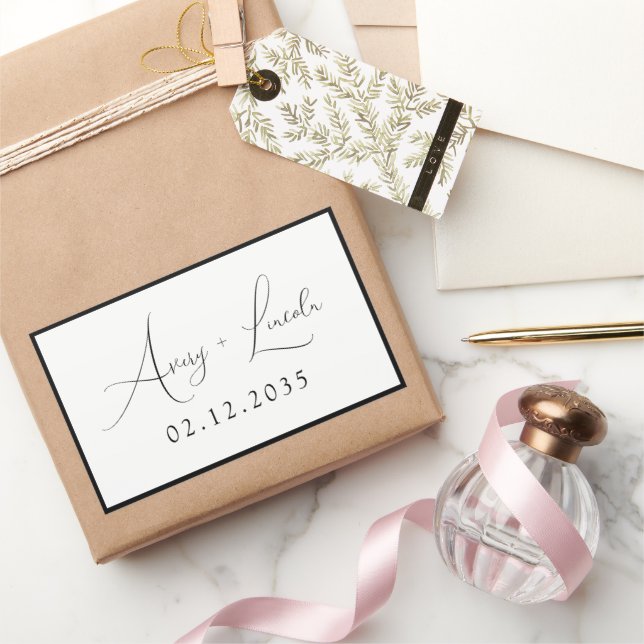 Modern Classic Black & White Border Script Wedding Rechteckiger Aufkleber (Schenken)