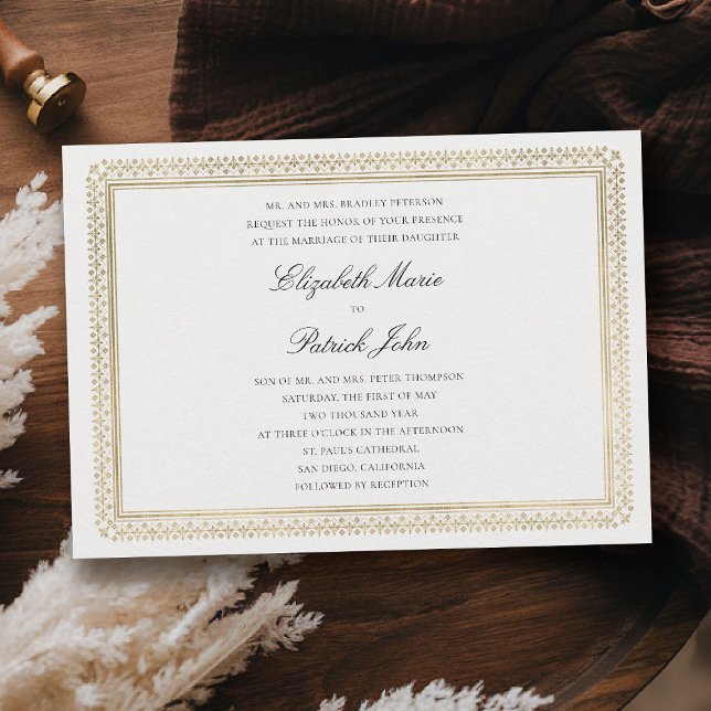 Modern Classic Formal Golden Lys Ivory Wedding Einladung (formal traditional wedding invitation modern classic gold ivory deco ballroom horizontal)