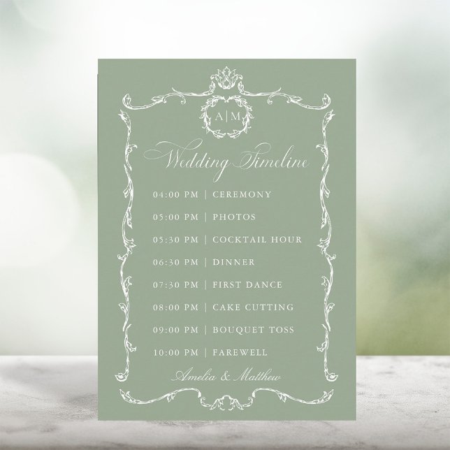 Modern Classic French Sage Green Wedding Timeline Programm (Von Creator hochgeladen)