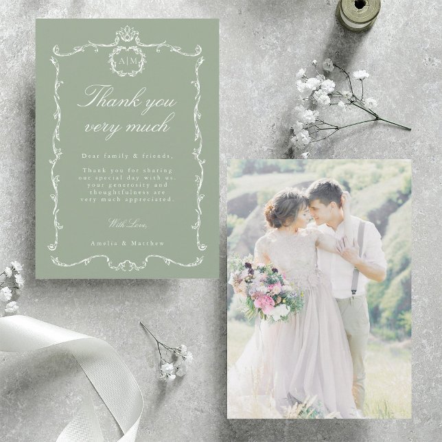 Modern Classic French Wedding Photo Sage Green Dankeskarte (Front & Back)