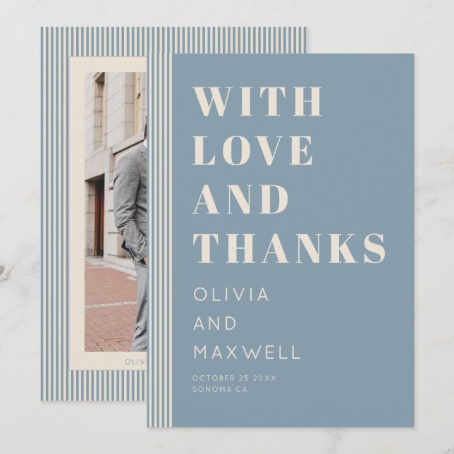 Modern Classic Love and Thanks Blue Striped Dankeskarte (Vorne/Hinten)
