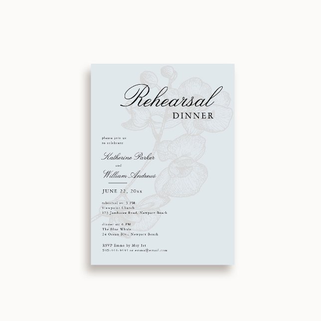 Modern Classic Orchid Sketch Blaue Probe Abendesse Einladung (wedding rehearsal invitation something blue orchid sketch botanical modern classic elegant script)