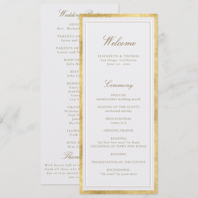 Modern Classic Pearl Gold Formal Wedding Program (Vorne/Hinten)