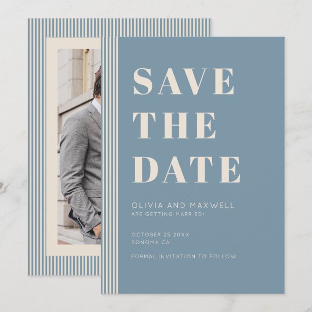 Modern Classic Save The Date Blue Striped Photo Einladung (Vorne/Hinten)