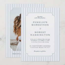Modern Classic Stripes Dusty Blue Photo Wedding  Einladung