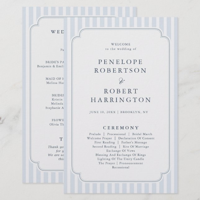 Modern Classic Stripes Dusty Blue Wedding Program (Vorne/Hinten)
