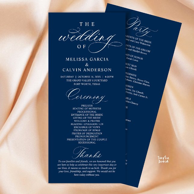 Modern Classy Elegant Wedding Ceremony Programm (Modern Classy Elegant Wedding Ceremony Program card navy blue)