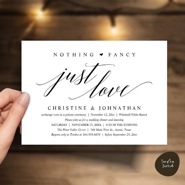 Modern Classy Nothing Fancy, Just Love, Reception Einladung (Modern Classy Nothing Fancy, Just Love, Wedding Reception Dinner Invitation Card in Black and White)