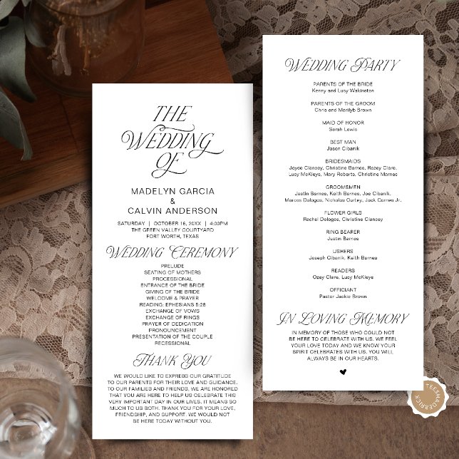 Modern Classy Wedding Ceremony Order Programm (Modern Classy Wedding Ceremony Order Program in Black and White)