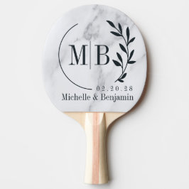 Modern Clean White Marble Leaf Wedding Monogram Tischtennis Schläger