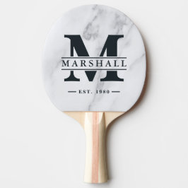 Modern Clean White Marble Monogram & Name Overlay Tischtennis Schläger