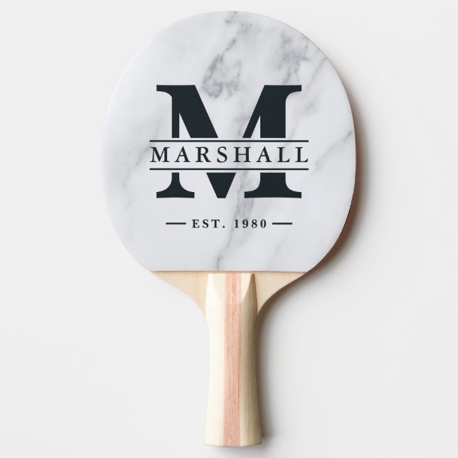 Modern Clean White Marble Monogram & Name Overlay Tischtennis Schläger (Vorderseite)