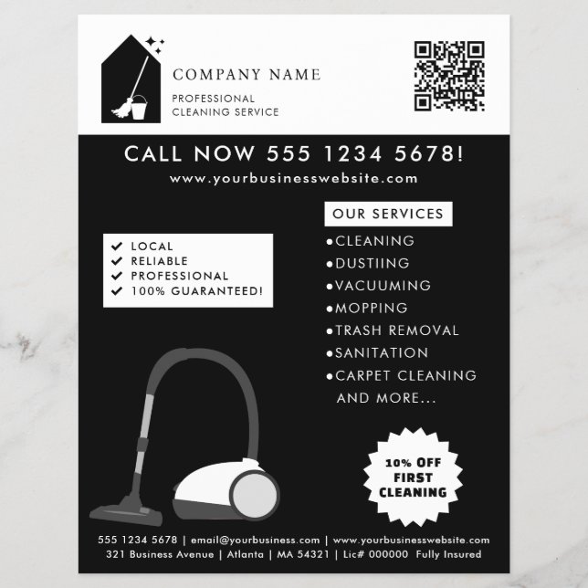 Modern Cleaning Cleaner Service Logo Black QR Code Flyer (Vorne)