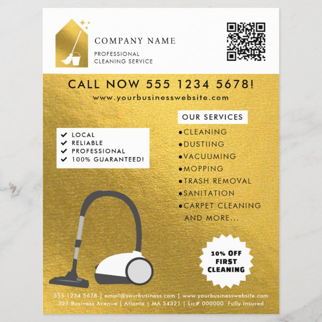 Modern Cleaning Cleaner Service Logo Gold QR Code Flyer (Vorne)