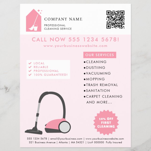 Modern Cleaning Cleaner Services Logo Pink QR Code Flyer (Vorne)