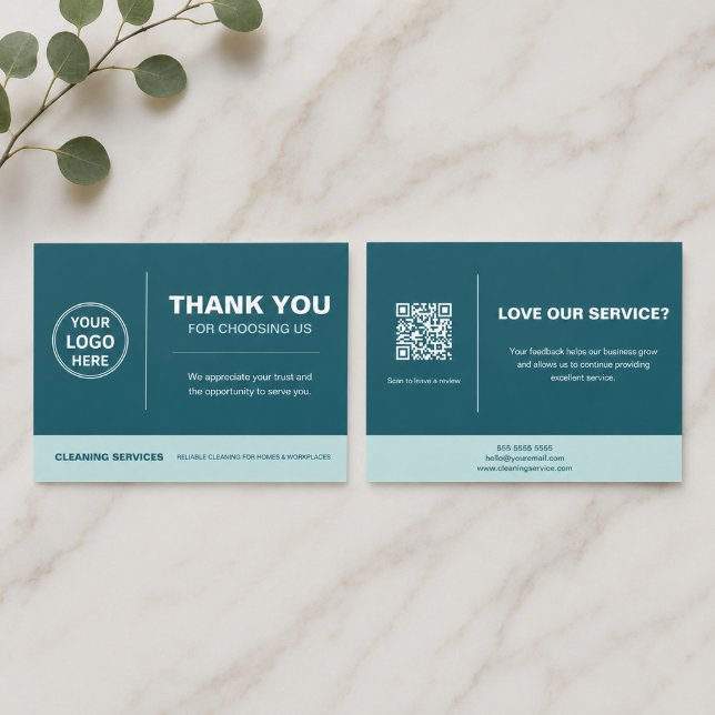 Modern Cleaning Services Logo QR-Code in Türkis Dankeskarte (Modern Cleaning Services Logo QR Code Teal Thank You Card)