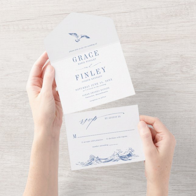 Modern Coastal Chic Blue Seaside Wedding All In One Einladung (Abreißen)